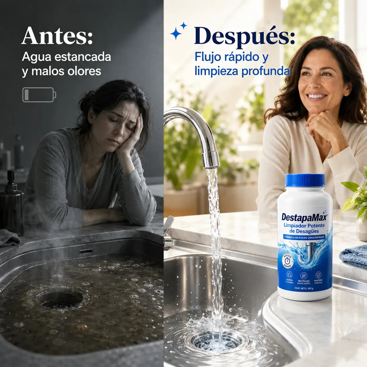 Antes y después de utilizar DestapaMax en un desagüe con agua estancada y mal olor