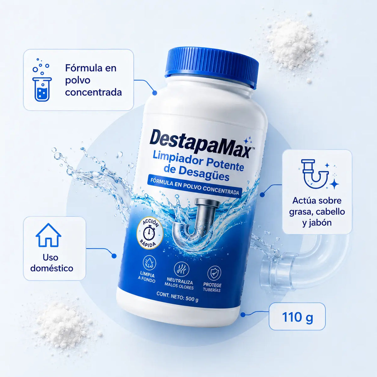 DestapaMax fórmula en polvo concentrada de 110 g para limpiar desagües domésticos