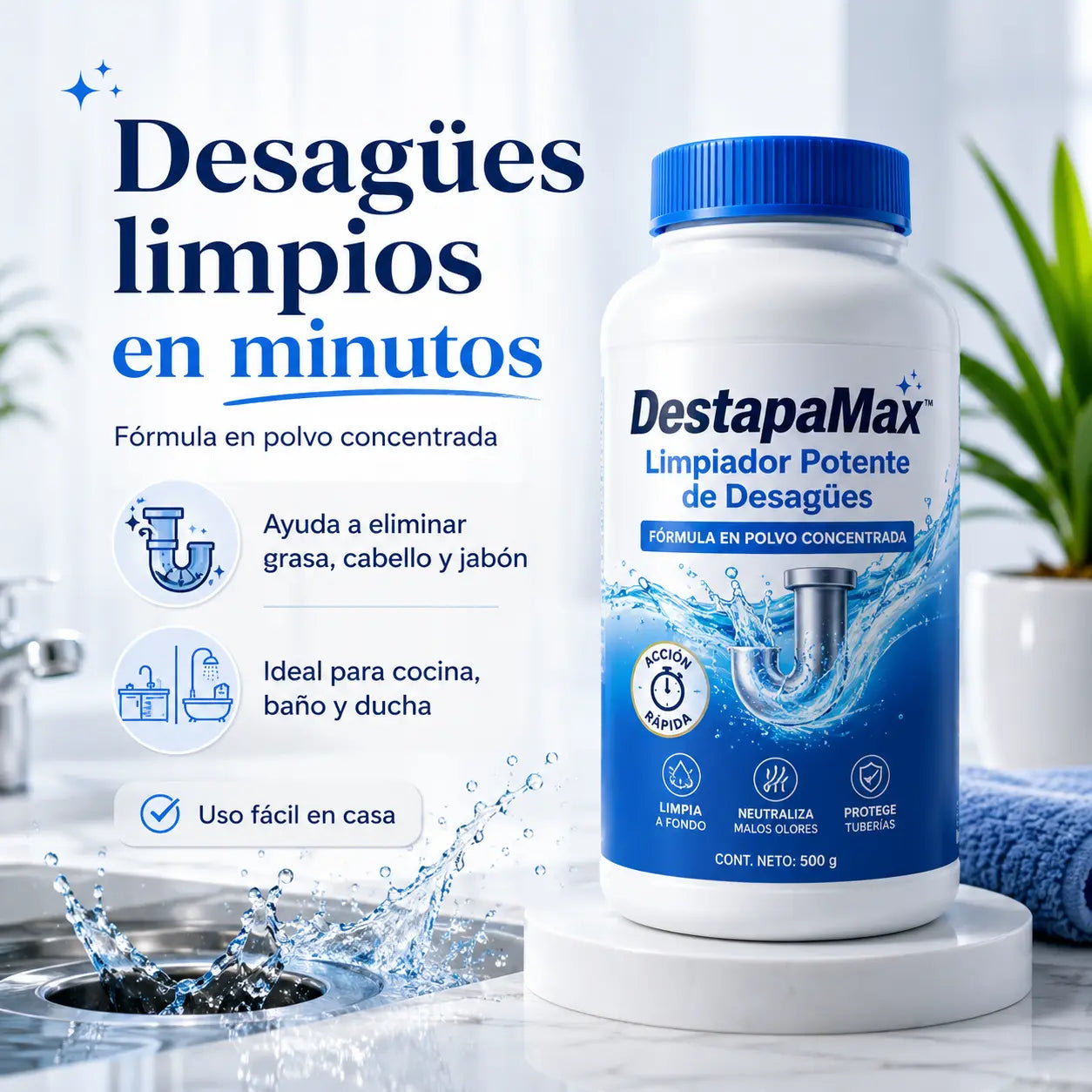 DestapaMax limpiador potente para desagües y tuberías que ayuda a eliminar grasa, cabello y jabón