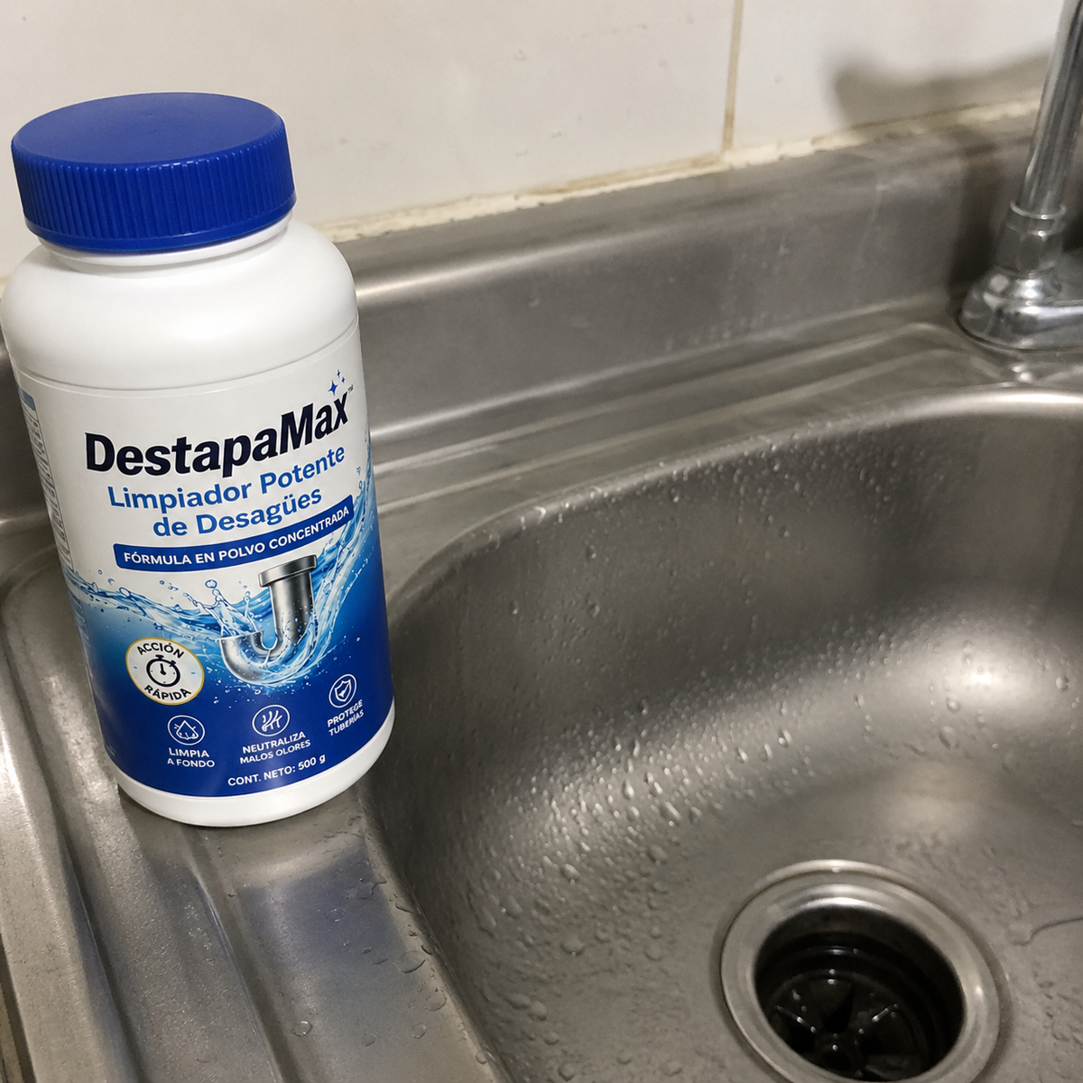 DestapaMax limpiador de tuberías junto al fregadero de la cocina