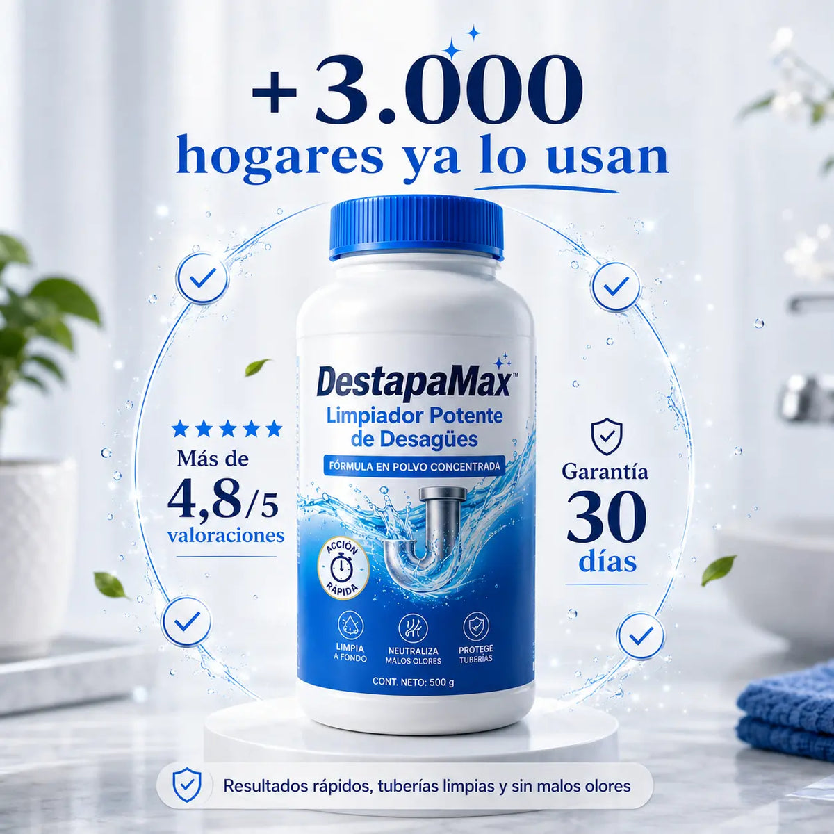 DestapaMax limpiador de tuberías con garantía de 30 días y alta valoración de clientes