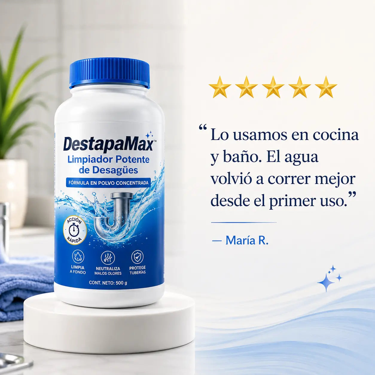 Opinión de cliente sobre DestapaMax utilizado en desagües de cocina y baño